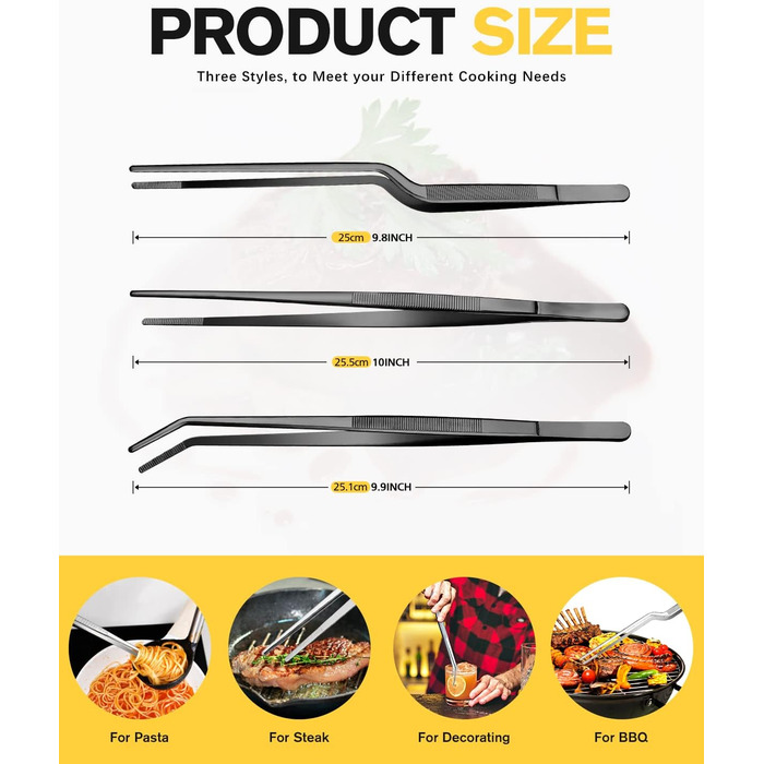 Набір кухонних пінцетів 10 дюймів, професійний, нержавіюча сталь, чорний. Для приготування, декорування та BBQ