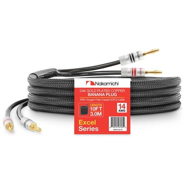 Акустичний кабель Nakamichi 14AWG з позолоченими банановими роз'ємами 24K, 3м, безкиснева мідь (OFC) в обплетенні, чорний