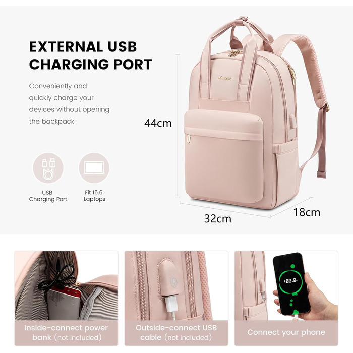 Стильний рюкзак LOVEVOOK для жінок: великий, з відділенням для ноутбука 15.6', ідеальний для навчання, роботи, подорожей (університет, офіс, робота, подорожі), чорний (рожевий)