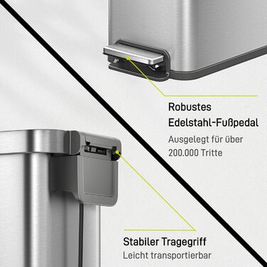 Відро для сміття EKO Madison 30L з винімним контейнером, м'яким закриттям кришки, стійке до відбитків пальців, нержавіюча сталь, прямокутне, з мішками для сміття 20 шт. (50L)