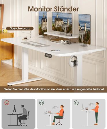Devoko Electric Standing Desk 160x70cm with Monitor Stand - Height Adjustable Desk with 2 Memory Settings - Ergonomic Sit-Stand Desk (160 x 70 cm)