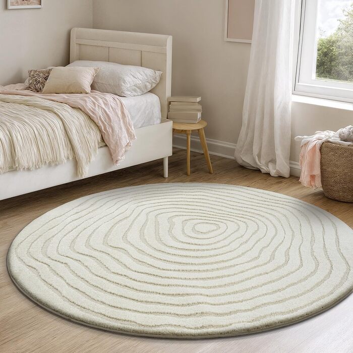 Килим Everest - сучасний килим з коротким ворсом для вітальні та спальні з ефектом висоти-низькості, 3D ефект, висока щільність ворсу та приємно м'який, абстрактний дизайн, кремовий колір (діаметр 160 см, кремовий-14)