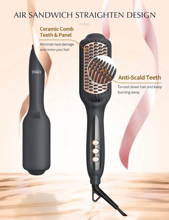 LANDOT Випрямляч для волосся з керамічним покриттям: електрична щітка-випрямляч з іонізацією та цифровим дисплеєм. Температура 120-230°C, чорний
