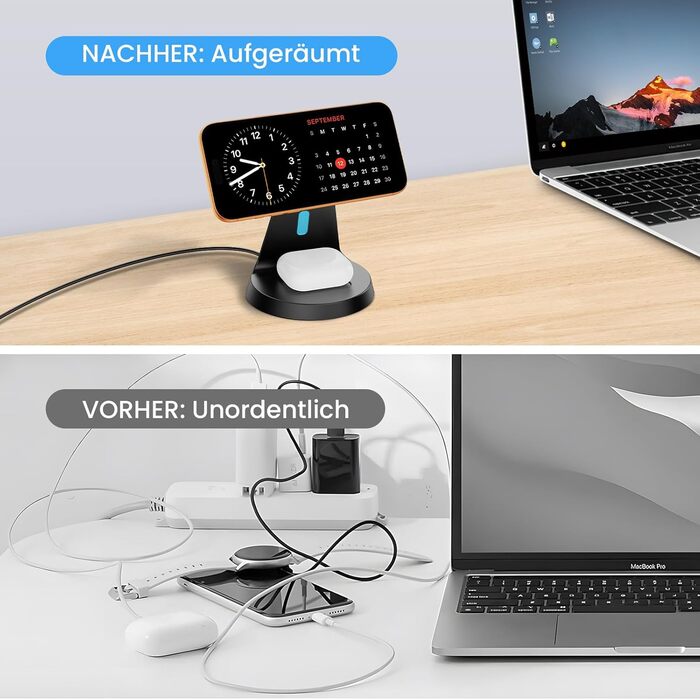 Зарядна станція JoyGeek 3-в-1 для Apple Watch, iPhone (MagSafe) та AirPods. Бездротовий зарядний пристрій для швидкої зарядки iPhone 12-15, iWatch Series 2-Ultra/SE, Airpods 2-4. Чорний.