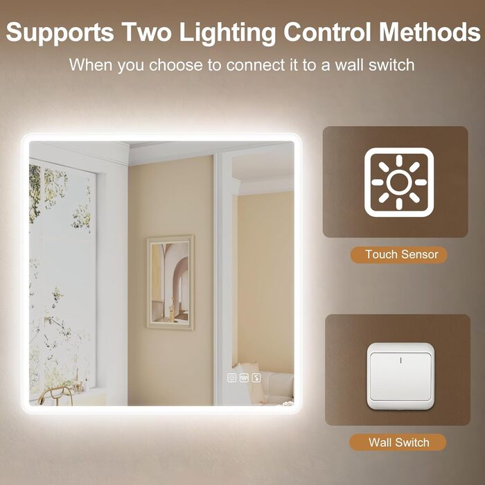 Дзеркало для ванної кімнати Starlead з підсвічуванням 100x70 см, Bluetooth, антизапітніння, регулювання яскравості, 3 кольори світла, функція пам'яті, IP44, LED, горизонтальне/вертикальне, HD скло, Madrid Silver (Bluetooth)