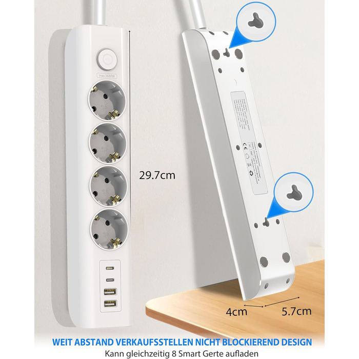 Мережевий фільтр Steckdose 8 в 1 з USB, 3680W з вимикачем, 16A з 2 USB-C, для смартфонів, ноутбуків, iPad, білий кабель 1.8м