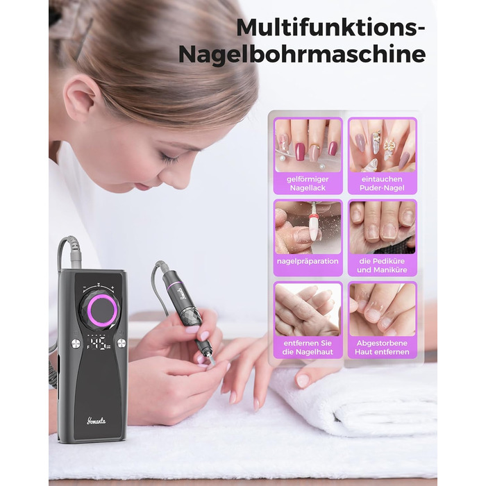 Професійний набір для фрезерування нігтів Nagelfräser: 45000 обертів, акумулятор 10H, LCD-дисплей, регулювання напрямку обертання, чорний