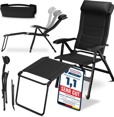 ELONEO Folding Camping Chair with Removable Footrest, Folding Chair Made of Aluminum, Folding Garden Chair, Reclining Chair with Adjustable Backrest, Camping Chair (Folding Chair with Footrest (with Premium Cushion), Black)