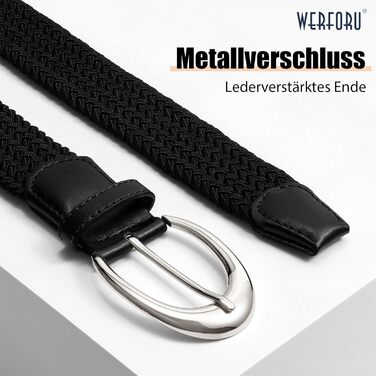 Жіночий/Чоловічий плетіний еластичний ремінь WERFORU для джинсів та штанів (110 см, чорний з срібляною пряжкою)
