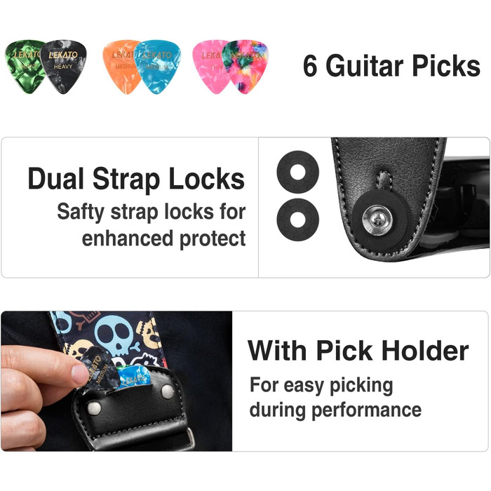 Гітарний ремінь LEKATO, смугастий, 6.7 см, з шкіри, з чохлом для медіатора та фіксаторами - для бас-гітари, електро- та акустичної гітари