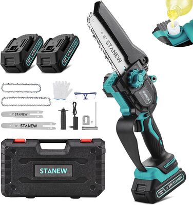 Міні-бензопила STANEW з 2 акумуляторами 2000mAh та зарядним пристроєм, 6 та 8 дюймів, 600W безщітковий двигун, для догляду за садом, обрізки дерев та роботи з деревом. Стандартна комплектація