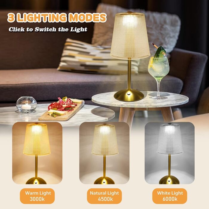 Настільна лампа Starnearby бездротова LED акумуляторна, золота. Лампа нічна з димером та сенсорним керуванням для спальні, ресторану, офісу