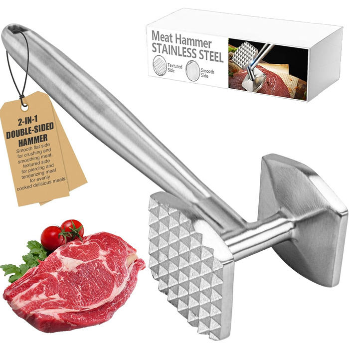АКОЛАФЕ Fleischklopfer: М'ясорубка для відбивання м'яса з нержавіючої сталі, 26 см, подвійна сторона, для стейків, курки, свинини, реберець, антипригарне покриття, з отвором для підвішування, придатна для миття в посудомийній машині