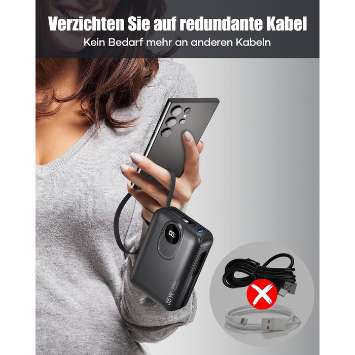 Power Bank 20000mAh з інтегрованим кабелем: швидка зарядка 22.5W, USB C (вхід та вихід), акумулятор для телефону, повербанк з 4 виходами та 2 входами, білий/чорний