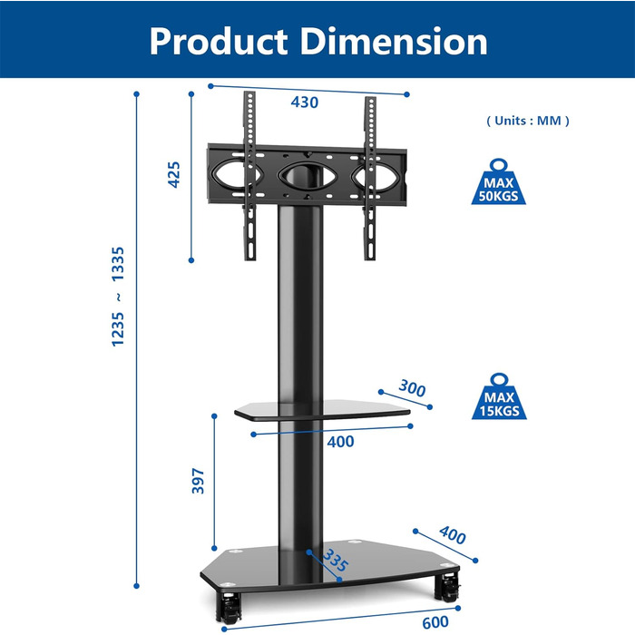 Rolling TV Stand with Wheels - Adjustable Height & Swivel for 27-70 inch Flat & Curved TVs (VESA 400x400, 50kg)