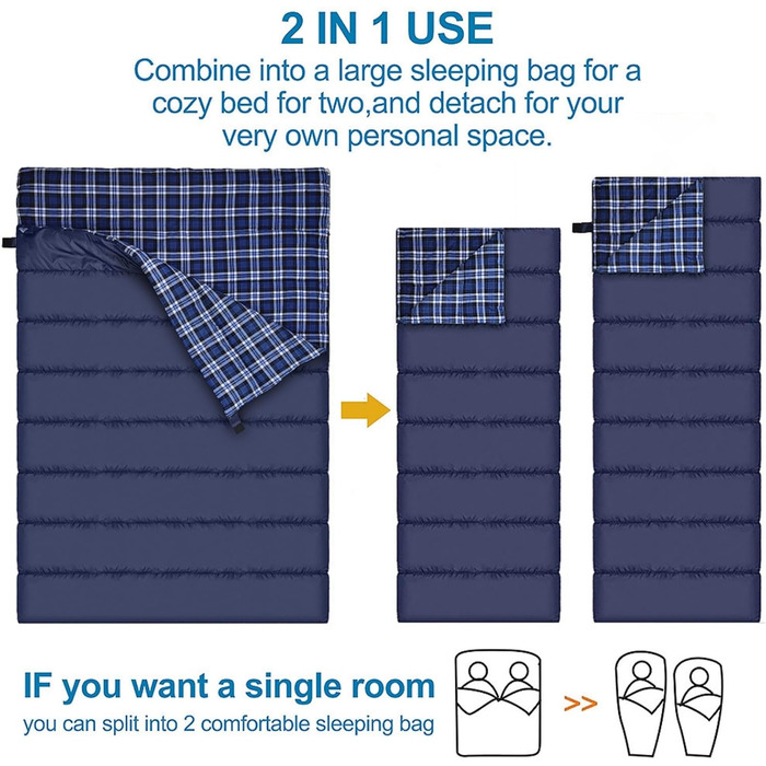 Cotton Flannel Double Sleeping Bag for Camping, Hiking, and Backpacking - Queen Size 2 Person Waterproof Sleeping Bag for Adults & Teens - Lightweight Blue/Blue