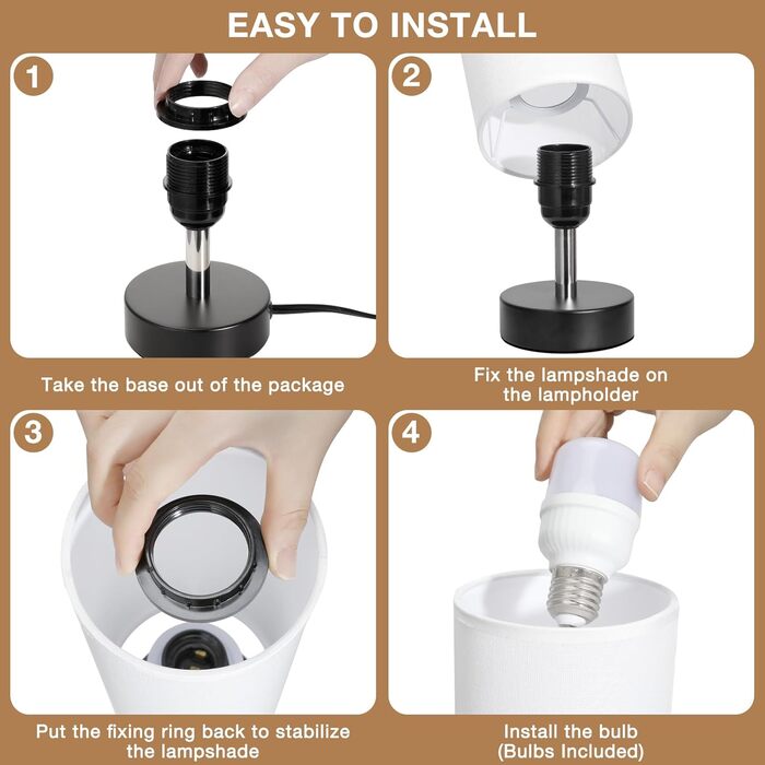 Kakanuo Настільна лампа з 3 колірними температурами, біла лампа з вимикачем, бавовняний абажур, маленька настільна лампа для вітальні, спальні, офісу, дитячої кімнати (LED лампа в комплекті), A-білий+чорний (A-білий+чорний-2 шт.)