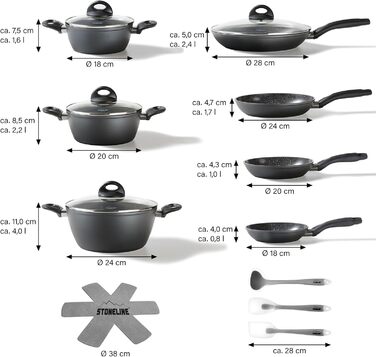 STONELINE Ceramic Cookware Set, 16-Piece, 18/20/24/28 cm Pots and Pans, PFAS-Free, Cookware Set with Lids, Ceramic Coating with Real Stone Particles, Grey, 16-Piece