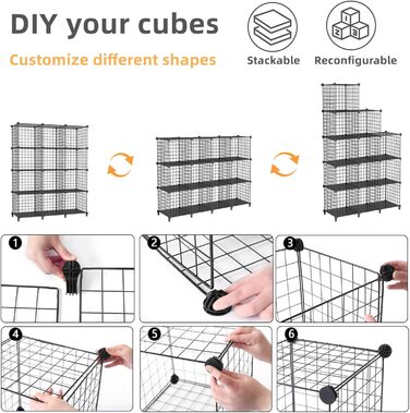 AWTATOS Regal 12 Regal Wire Cube Stackable Shelf Cube DIY Metal Grid Shelf Cube Bookshelf Cube Shelf With Doors For Living Room, Bedroom, Bathroom Black USCIH12BE