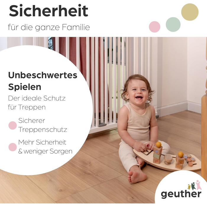 Захист для сходів Geuther Oris | Дверний захист для сходів з кріпленням, 2 клямки для поручнів, ширина | Стабільний захист з розпадною дверцятами | Дерев'яне дитяче гiтер, натуральний лак (білий, 95-135 см)