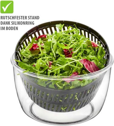 GEFU Салатоотжим - 5 л, з механізмом Push, вбудований виливний носик, кнопка зупинки, неслизький, придатний для миття в посудомийній машині (Чорний/Прозорий)