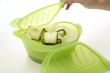 Lékué Steamer Box with Insert Tray, 3-4 People, Platinum Silicone, (Green, 1000 ml)