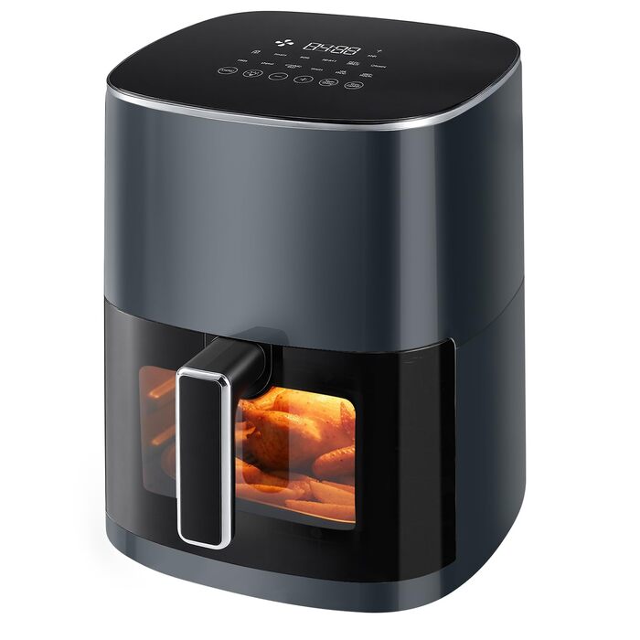 Фритюрниця Sweetcrispy Airfryer 6L з вікном, 12 функцій, сенсорний екран, сірий колір. Здорове приготування без олії, антипригарна корзина, підходить для 3-6 осіб