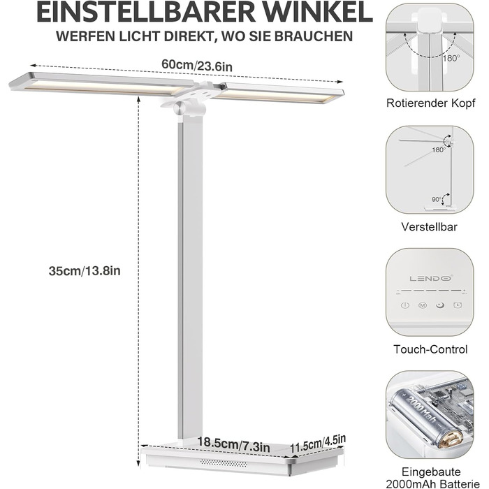 Лампа настільна LED LENDO з двома головками, регульована яскравість 700 люмен, 5 рівнів регулювання, 5 кольорових режимів, USB-порт для зарядки та вбудований акумулятор 2000mAh, для дітей, спальні, читання (срібна)