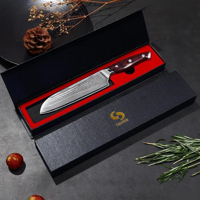 Кухонний ніж Damast Profi - ніж Santoku з дамаської сталі (67 шарів), ручка Pakkawood, подарункова коробка - професійний ніж для кухні 7 дюймів