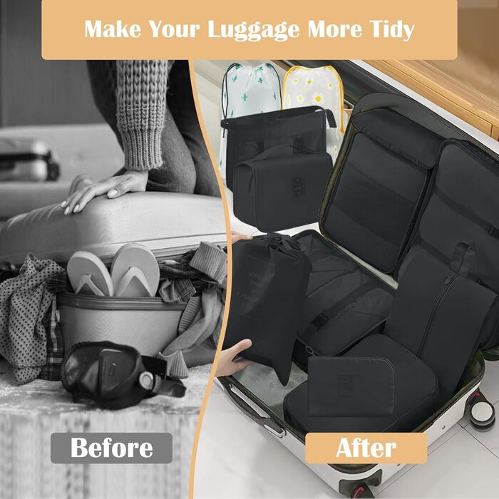 Набір органайзерів для валізи 13 шт., чорні Packing Cubes, водонепроникні дорожні органайзери для відпустки та подорожей