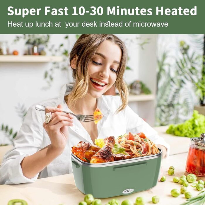 Electric Lunch Box 100W, 3-in-1 Portable Heated Lunch Box, Removable Stainless Steel Lunch Container, 12V/24V/220V Insulated Food Warmer for Car/Truck/Office, With Insulated Bag and Sponge (Green, 1.5 L)