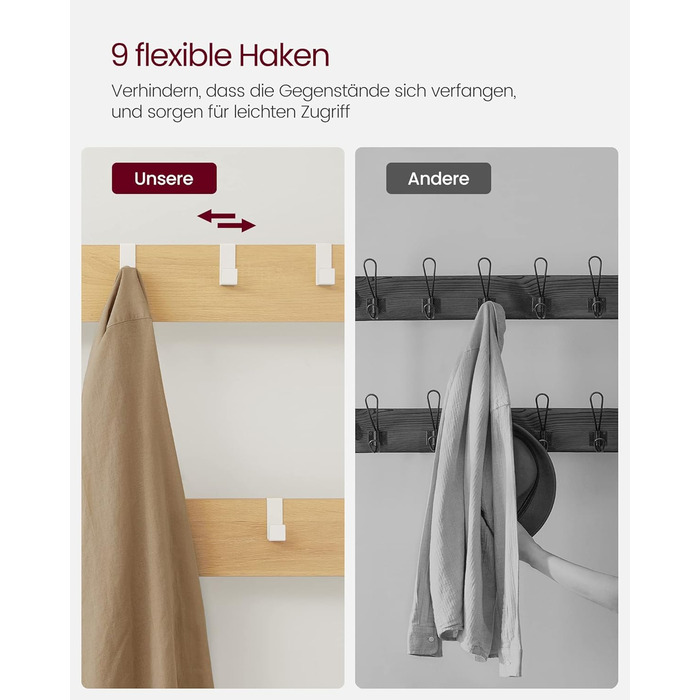 VASAGLE Coat Rack, Coat Stand with Hooks, Clothes Rack with Mirror, Shoe Bench and Shelves, 36 x 98 x 185 cm, for Entryway, Bedroom, Living Room, Vintage Brown-Black HSRAM050B01 (Oak Color + White)