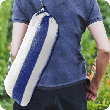 Гамак KRUMAD 260 см, до 250 кг, вологостійкий, бавовна-поліестер, для саду, балкону, кемпінгу, з дерев'яними розпірками та сумкою (блакитно-білий, без каркасу)