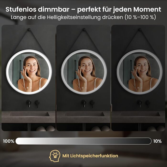 LED дзеркало для ванної кімнати з підсвічуванням, кругле, регульоване, 3 кольори світла (3500K-6500K), сенсорне керування, запобігання запотіванню, для макіяжу та гоління (діаметр 70 см)