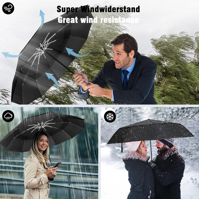 Чорний парасолька Herreicher туристичний автоматичний штормостійкий з алюмінієвим каркасом, компактний, 102 см, 10 спиць, для чоловіків/жінок/дітей/літніх людей