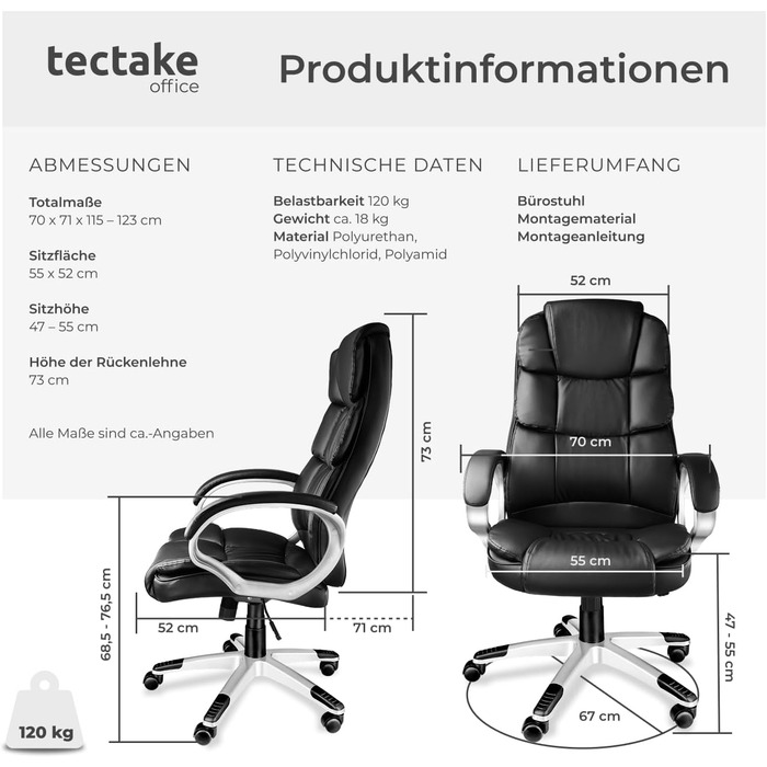 Офісне крісло tectake® з підлокітниками, регулюванням висоти та функцією гойдання, чорне, з підкладкою 12 см, оббивка під шкіру