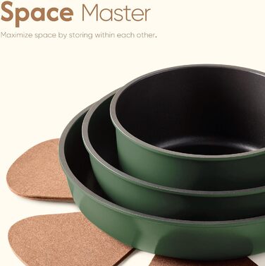 Набір посуду Carote 18 предметів темно-зеленого кольору з керамічним антипригарним покриттям для індукційних плит, знімні ручки, безпечний (PFOA-free), термостійкий, компактне зберігання