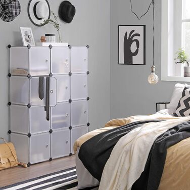 SONGMICS Regal System, Shoe Rack, Set of 16 Cubes, Plastic Closet Organizer with Doors, Plug-in Shelf, Storage for Clothes, Shoes, and Books, Easy Assembly, LPC443G01 (12 Cubes (93B x 123H cm), White)