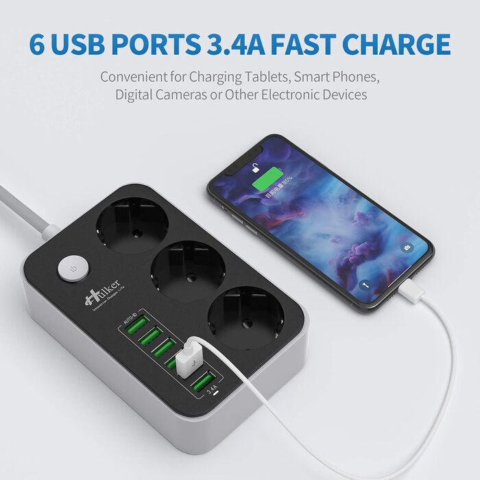 Багаторозкладна мережева панель HULKER з 3 розетками та 6 USB-портами, захист від перенапруги, 1.6 м, універсальна