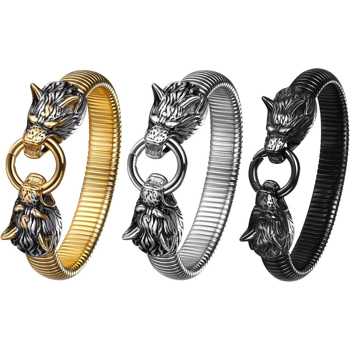 Чоловічий браслет JewelryWe з нержавіючої сталі з вовком, плетіння, стиль вікінг/байкер, відкритий браслет, срібло/золото/чорний, еластичний