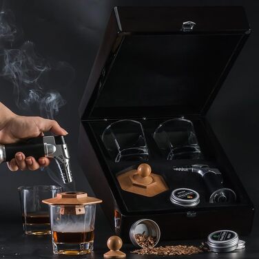 Преміум дерев'яний бокс для віскі з набором для копчення, ліхтарик, тріски, 2 склянки, набір для копчення коктейлів, подарунок для чоловіків, віскі, бурбон, День батька, ідеї подарунків на день народження