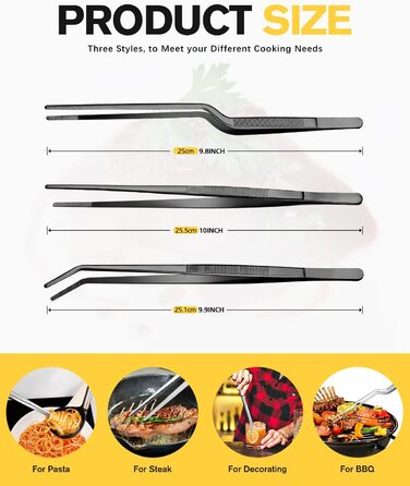 Набір кухонних пінцетів 10 дюймів, професійний, нержавіюча сталь, чорний. Для приготування, декорування та BBQ