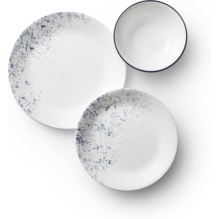 Corelle набір посуду 18 предметів, Indigo Speckle, блакитно-білий, на 6 осіб. Стійкий до сколів, включає великі тарілки 26 см, салатові/сімейні тарілки 17 см та супові/кашові миски 530 мл