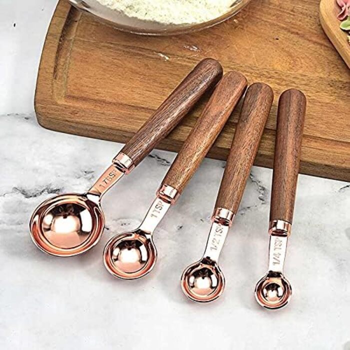 FBHappiness 4-Piece Stainless Steel Measuring Cup Set with Wooden Handle, Measuring Spoons, Gold-Plated Measuring Spoon Set for Baking in the Kitchen (Size: Measuring Cup) (Measuring Cup in Rose Gold)