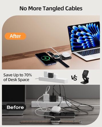 Зарядний пристрій KU XIU X55 Turbo Qi2.2 25W 3-в-1 для Apple Watch, iPhone 17-12 та AirPods, магнітний складаний стенд, адаптер 45W (Чорний)