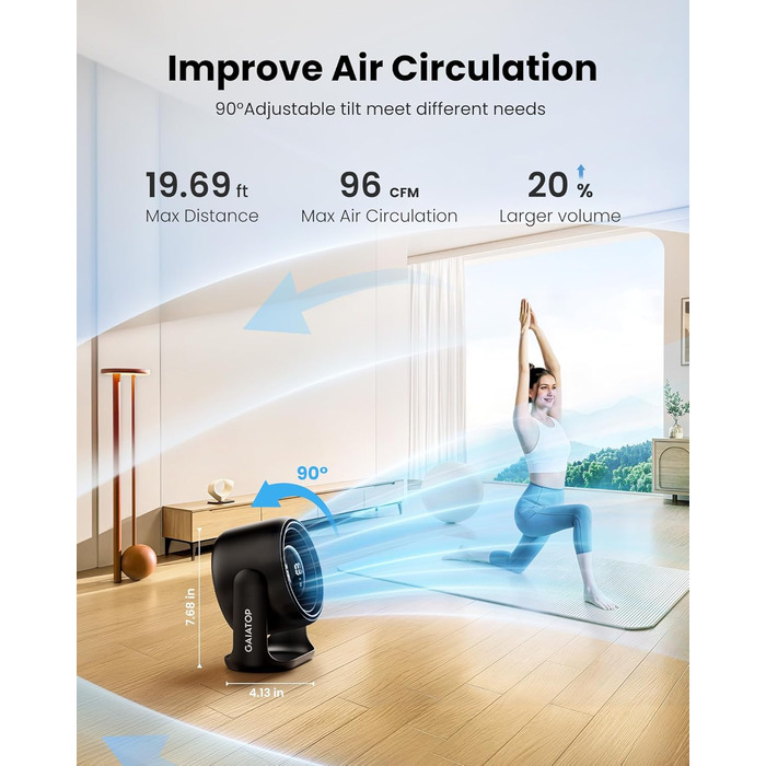 Настільний вентилятор Gaiatop з сенсорним керуванням, акумулятор 4000 мАг, 5 швидкостей, тихий міні-вентилятор з LED-дисплеєм, кут нахилу 90°, заряджається через USB-C, для офісу, спальні, дому, чорний