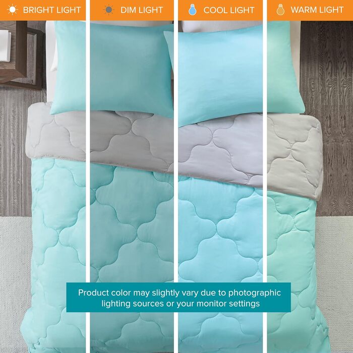 Комплект постільної білизни Comfort Spaces Vixie: стеганий дизайн, чорно-сірий, для всіх сезонів, з наволочками (Twin/Twin XL, Aqua/Grey)
