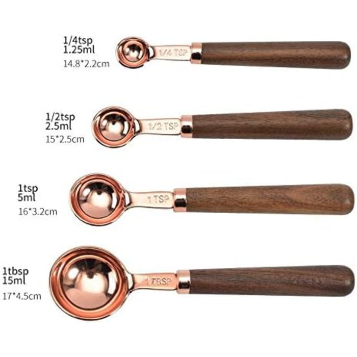 Walnut-Handle Measuring Spoon Set, Copper-Plated Measuring Cups and Spoons, Baking and Cooking Utensils for Kitchen (Color: Gold, Size: Measuring Spoon 4pc)