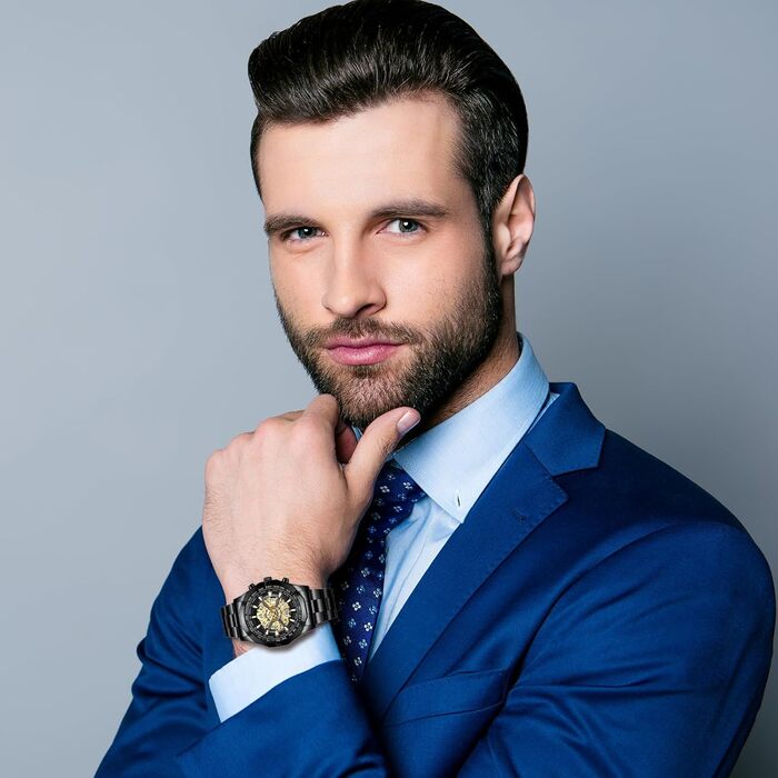 Чоловічий годинник з датою, світяться, 3ATM, водонепроникний, аналоговий кварц, з календарем, тахіметром, з нержавіючої сталі, чорний/золотий