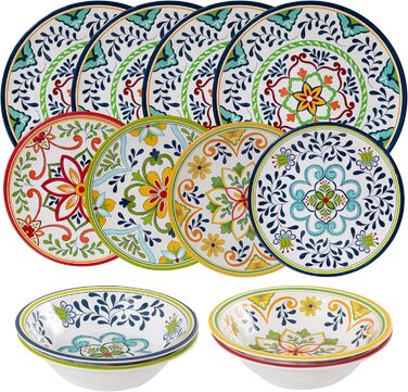 Набір посуду Talavera з меламіну, 12 предметів: тарілки та миски для 4 осіб, небиткий, для кемпінгу, BPA-free, придатний для миття в посудомийній машині